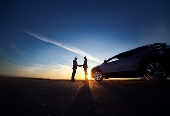 Aufkleber - Two businessmen shake hands in front of a car at sunset.