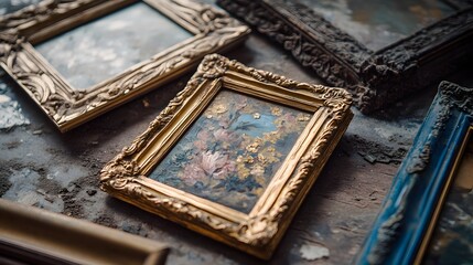 A Collection of Ornate Picture Frames on a Rough Wooden Surface