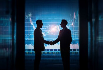 Aufkleber - Two men in business suits shake hands in front of a large digital screen displaying financial charts and graphs.