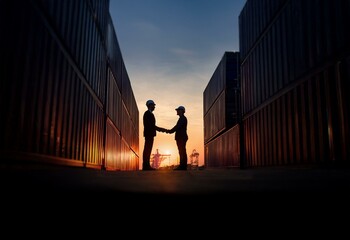 Aufkleber - Two men in hard hats shake hands at sunset,  silhouetted against a backdrop of stacked cargo containers.