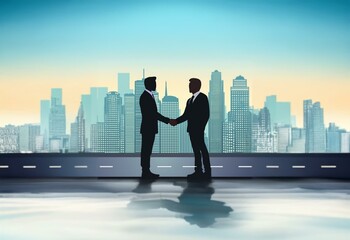 Two businesspeople shake hands in front of a city skyline.