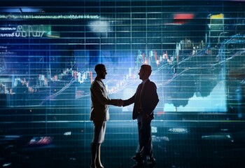 Poster - Two businesspeople shake hands in front of a large screen displaying financial data.