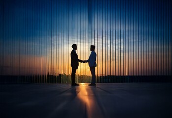 Aufkleber - Two men stand in silhouette, shaking hands against a backdrop of vertical lines and a colorful sunset.