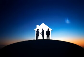 Aufkleber - Three businessmen stand silhouetted against a house outline with a crescent moon in the sky.
