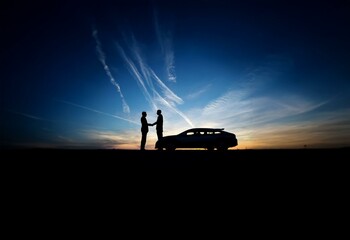 Aufkleber - Two men shake hands in front of a car with a sunset sky in the background.