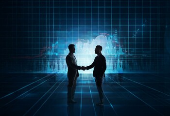 Aufkleber - Two businessmen shaking hands in front of a glowing digital grid and chart.