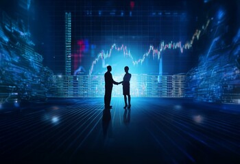 Poster - Two silhouettes of businesspeople shaking hands in front of a digital display showing financial data.
