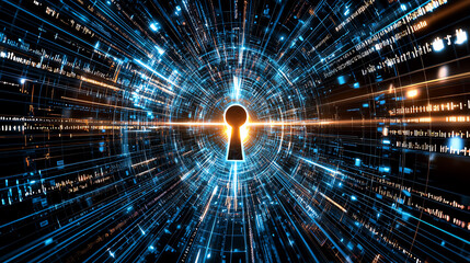 Poster - digital lock with glowing particles representing cybersecurity concept.