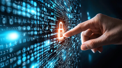 Poster - Digital security concept with hand pressing a lock icon on binary code background.