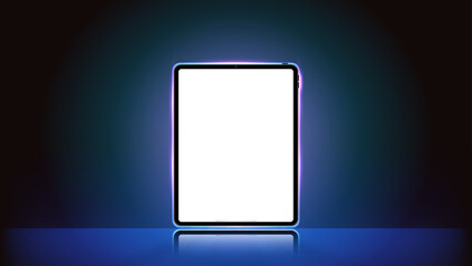 Poster - Blue Glow Smart Tablet Showcase and Banner: Illuminated Tablet and Device Design Vector Illustration with Violet, Blue, and Cyan Borders for Smart App Screens