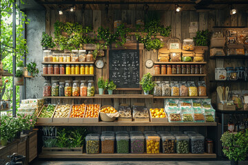 Wall Mural - A zero-waste grocery store where customers bring their own containers to purchase food, eliminating single-use packaging. Concept of sustainability.