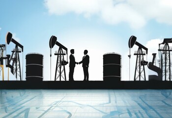 Two businessmen shaking hands in front of oil rigs and storage tanks against a cloudy blue sky.