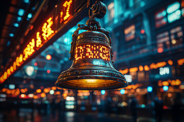 Poster - a stock market bell ringing to signal the opening of a trading day, marking the start of financial a