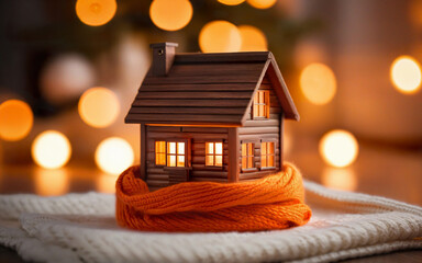 home insurance, real estate, property. knitted house on a scarf, concept coziness, protection, on a bokeh background