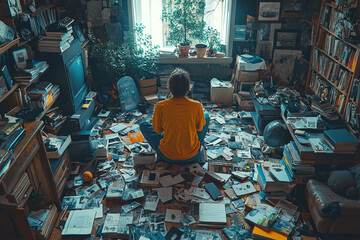 Aufkleber - A person decluttering their home, removing unnecessary items to create a more peaceful living environment. Concept of organization.
