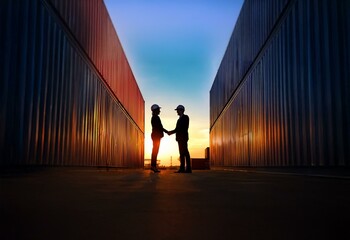 Silhouettes of two people in hard hats shaking hands in front of shipping containers at sunset.