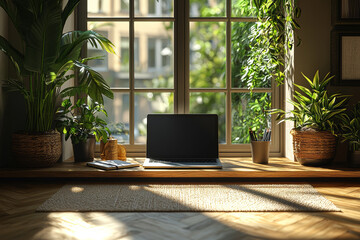 Fototapete - A minimalist workspace with only a laptop and a notebook, designed to enhance focus and reduce distractions. Concept of productivity.