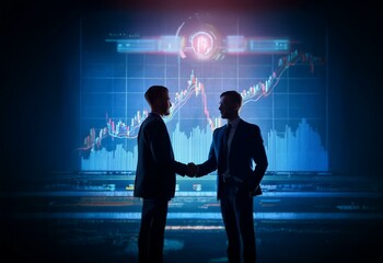 Aufkleber - Two businessmen stand in front of a large screen displaying stock market data and a glowing abstract shape, shaking hands in a deal.