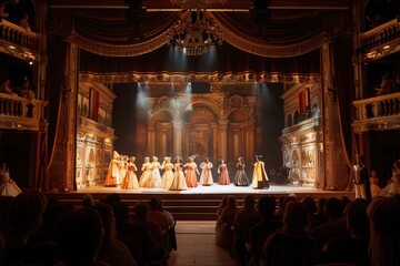 Poster - An audience captivated by a theatrical performance featuring actors in vibrant costumes illuminated by stage lights. Generative AI
