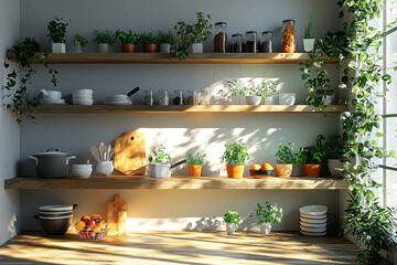 Poster - a minimalist kitchen with clean lines, open shelves, and essential cookware, emphasizing simplicity.
