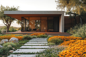 Poster - a minimalist home exterior with clean lines, natural materials, and a simple color palette, reflecti