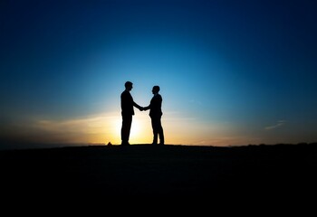 Aufkleber - Two men in suits shake hands against a setting sun.
