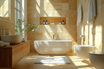 Poster - a minimalist bathroom with neutral tones, essential toiletries, and no clutter, creating a serene sp
