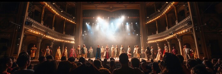 Leinwandbilder - Theatrical performance captivates the audience with actors in vibrant costumes showcasing their talents on a grand stage. Generative AI