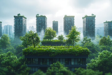 Wall Mural - A city implementing green roofs on buildings, improving air quality and reducing energy consumption. Concept of urban design.