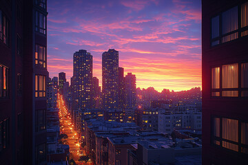 Wall Mural - Urban skylines during twilight, with a blend of fading daylight and rising city lights, evoke a sense of transition. Concept of urban transitions.