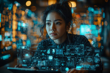 Aufkleber - Remote workers using tablets, smart speakers, and other gadgets emphasize the integration of technology into daily tasks. Concept of tech integration.