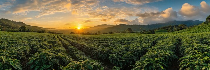 Coffee Field. Stunning Sunset Landscape at a Coffee Plantation