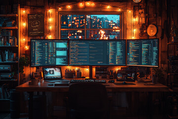 Poster - Photos showing productive remote work environments, complete with multiple monitors, gain traction online. Concept of productivity.