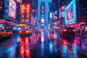 Poster - Photos of streets lined with glowing billboards and signs depict the advertising industry's impact on urban life. Concept of advertising.