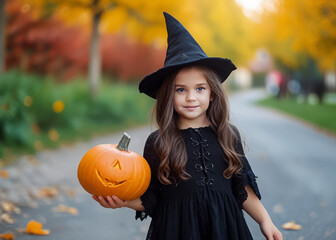 Girl in a witch costume with a pumpkin with a cut out face, jack o lantern.