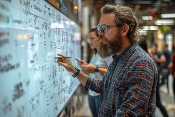 Poster - photos of people working in open coworking spaces with collaborative whiteboards show the potential 