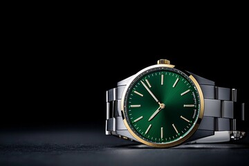 Poster - An elegant emerald-encrusted gold watch, photographed in a close-up jewelry style, with soft lighting and a minimalist background offering copy space for text.