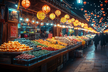 Poster - night markets filled with colorful lights, food stalls, and shoppers highlight the vibrancy of city 