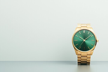 Poster - An elegant emerald-encrusted gold watch, photographed in a close-up jewelry style, with soft lighting and a minimalist background offering copy space for text.