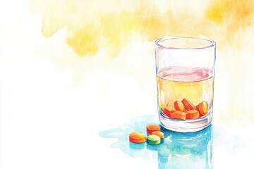 Wall Mural - Minimalistic watercolor illustration of water-soluble supplements in a glass