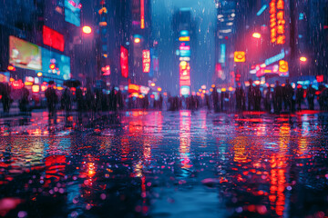 Wall Mural - neon-lit streets in major cities, filled with bustling crowds, create a vibrant atmosphere that refl