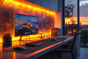 Poster - Home office setups with sleek tech accessories, like wireless keyboards and ring lights, emphasize a professional environment. Concept of professional remote work.