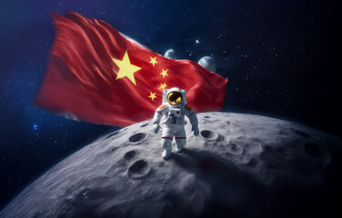 Poster - An astronaut walks on the surface of the moon while a flag waves in the background.