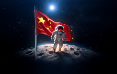 Poster - An astronaut walks on a lunar surface with a red flag waving in the background.