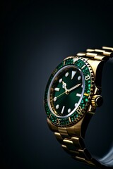 Poster - A close-up of a high-end gold timepiece featuring emeralds, with intricate detailing and a sleek, modern background offering ample copy space.