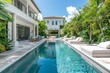 © JIALU - Beautiful Miami home with outdoor swimming pool, white furniture, and tropical plants in a luxury modern garden, perfect for summer relaxation or events.