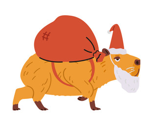 Funny capybara in Santa hat and beard carrying bag with Christmas gifts flat vector illustration isolated on white.