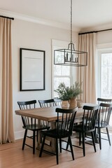 A bright dining room with a wooden table, black chairs, and potted plants.