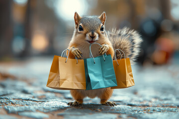Poster - a squirrel balancing multiple shopping bags while on a phone call shows the chaos of consumer life. 