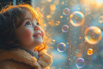 Poster - a smiling child playing with bubbles next to a somber adult looking out the window captures the gap 